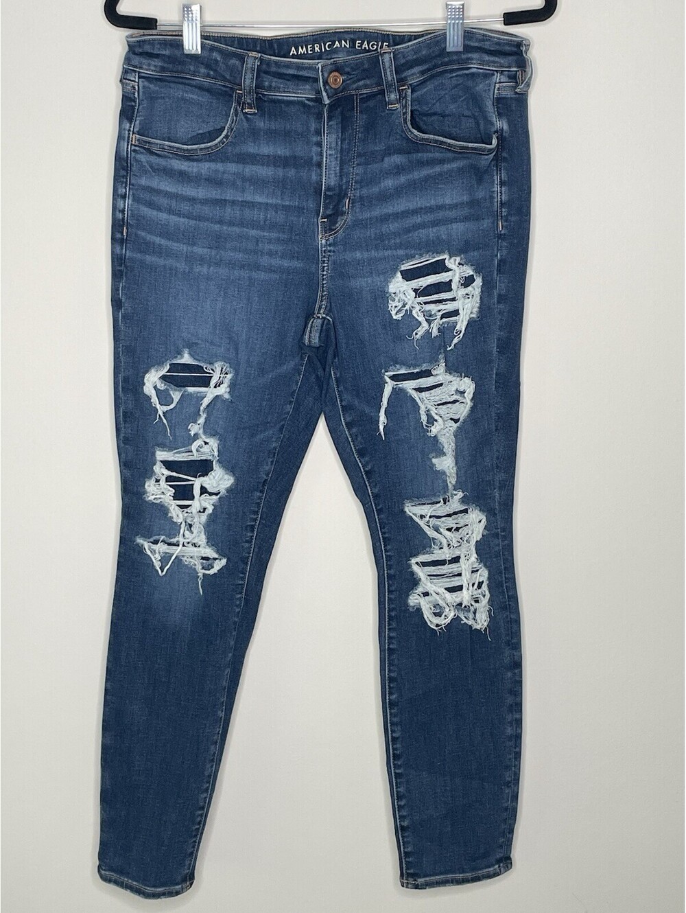 American Eagle Next Level Stretch Jeggings Womens 14 Short Blue Distressed